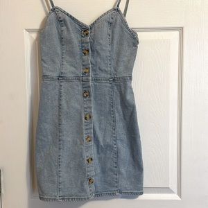 Zara Woman Blue Denim Dress Mini Spaghetti Straps V-neck Button Size xs